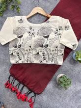 Marun  Handloom Khadi Cotton Saree With Embrodery Work Stitched Blouse